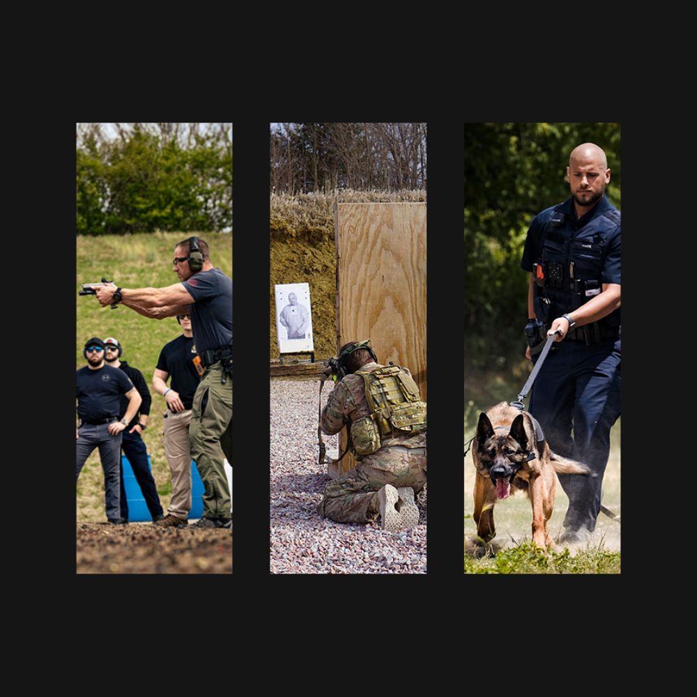 photo collage representing firearms, specialized, and k9 training courses
